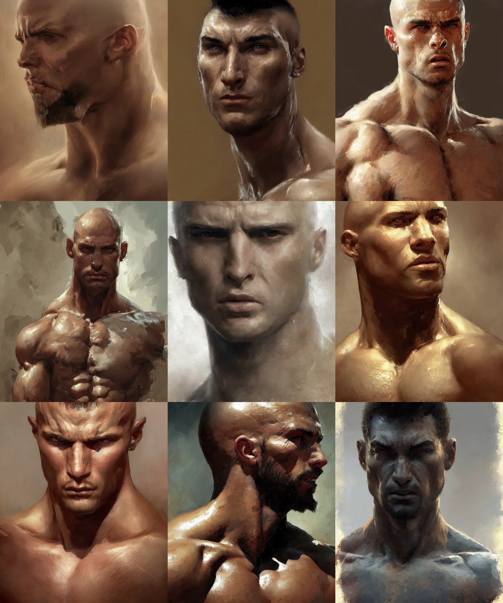 Prompt: digital art painting of a muscular bald young man painted by craig mullins and gaston bussiere and greg rutkowski, symmetrical face, defined facial features, symmetrical facial features, dramatic lighting, close up