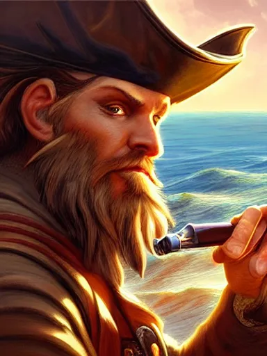 Prompt: pirate captain looking at the horizon with a spyglass from his ship. intricate, elegant, highly detailed, digital painting, artstation, concept art, sharp focus, illustration, by justin gerard and artgerm, 8 k