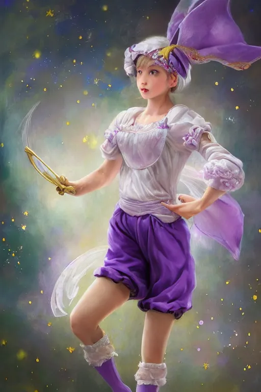 Image similar to Full View fairy maiden with short blond hair wearing an oversized purple Beret, Baggy Purple overall shorts, Short Puffy pants made of silk, silk shoes, a big billowy scarf, Golden Ribbon, and white leggings Covered in stars. covered in embroidery. Short Hair. peasant magic. Rhythmic gymnastics poses. masterpiece 4k digital illustration by Ruan Jia and Mandy Jurgens and Artgerm and william-adolphe bouguereau and greg rutkowski , award winning, Artstation, art nouveau aesthetic, Alphonse Mucha background, intricate details, realistic, panoramic view, Hyperdetailed, 8k resolution, intricate art nouveau