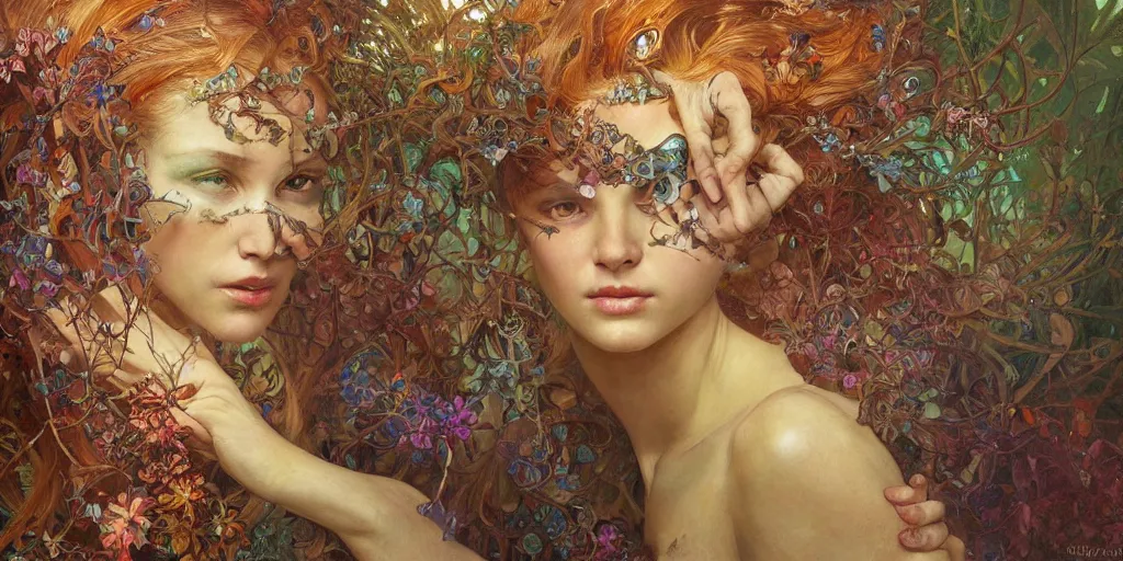 Prompt: an insanely detailed oil painting of a woman, intricate detailed leaves, spiderweb, mycelia, fantasy, hyper detailed, colorfull, intense colors, concept art, by greg rutkowski, by alphonse mucha, by moebius