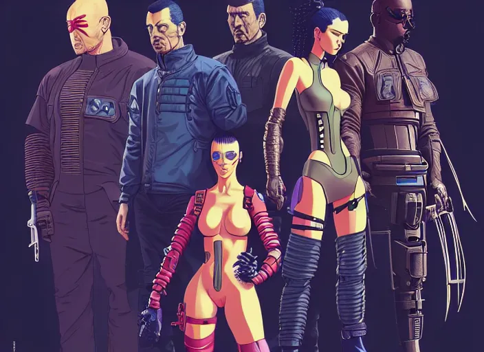 Image similar to cyberpunk samurai team. portrait by stonehouse and mœbius and will eisner and gil elvgren and pixar. character design. realistic proportions. cyberpunk 2 0 7 7 character art, blade runner 2 0 4 9 concept art. cel shading. attractive face. thick lines. the team. diverse characters. artstationhq.