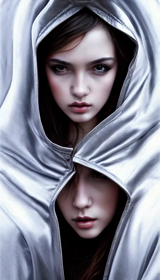 Image similar to photo of a gorgeous young girl hooded in the style of stefan kostic, realistic, sharp focus, 8k high definition, high fashion, vogue, insanely detailed, intricate, elegant, art by stanley lau and artgerm, sigma 85mm art