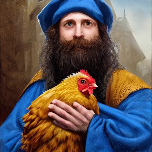 Image similar to a portrait of a wizard with his pet chicken by Johan Grenier, confused facial expression, blue robe, long beard, ArtStation, realistic, detailed