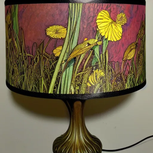 Image similar to beautiful victorian art nouveau duck lampshade, river reeds duckweeds close up abstract mallard feathers, mucha tiffany kilian eng