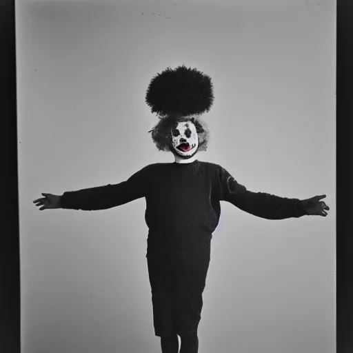 Image similar to portrait of a clown by Diane Arbus, 50mm, black and white