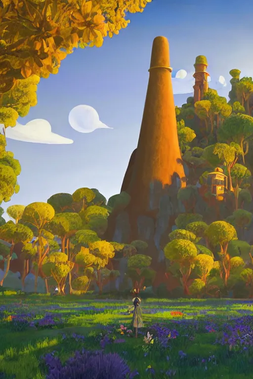 Prompt: distance view of the painted tower of the moon in its gardens fairytale illustration, tall windows, beautiful tilework, dramatic cinematic lighting, rich colors, golden age illustration, by Nicholas Roerich and Ludwig Deutsch and and Sylvain Sarrailh and April Gornik ,unreal engine