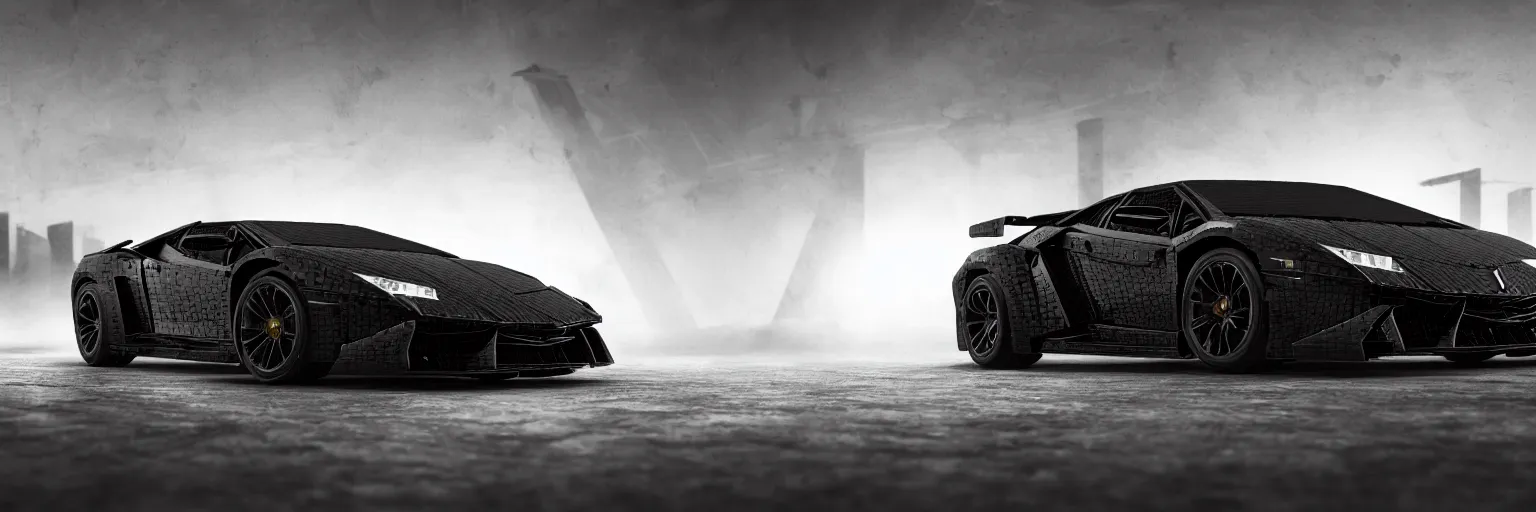 Prompt: black lego lamborghini on a race track. soft light. cinematic. intricate. close - up shot. highly detailed. matte painting in the style of craig mullins. octane render. 8 k. trending on artstation