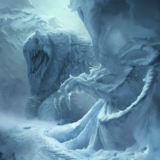 Image similar to A monster in the Arctic covered in snow, fractal Lighting, by Stanley Artgerm Lau, WLOP, Rossdraws, James Jean, Andrei Riabovitchev, Marc Simonetti, and Sakimichan, trending on artstation