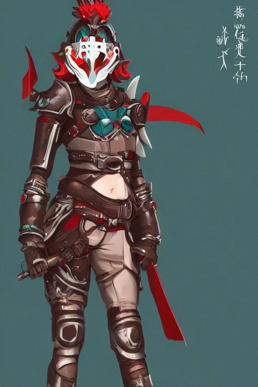 Image similar to female adventurer in tight full - body teal leather armor of japanese design with red accents and a white porcelain crow mask, trending in artstation, japanese, artstation, big moon in the background, establishing shot