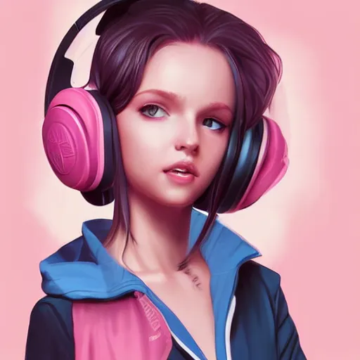 Image similar to very very very beautiful pink gamer girl wearing headphones standing in a pink girls room, full body portrait, eye contact, smiling, perfect face, perfect body, extreme long shot, drawn by charlie bowater