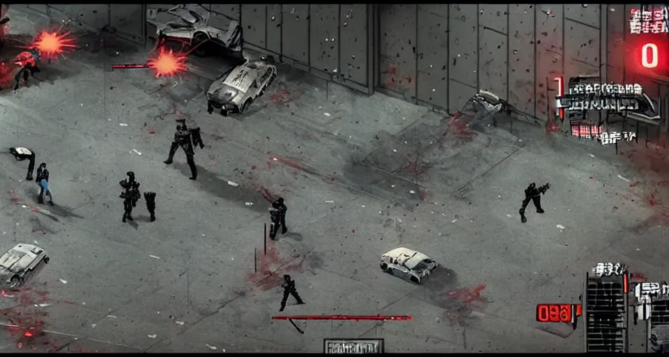 Image similar to 1988 Video Game Screenshot of Neo-tokyo Cyborg bank robbers vs police, Set inside of Parking Garage, Dark, Multiplayer set-piece Ambush, Tactical Squads :10, Police officers under heavy fire, Suppressive fire, Pinned down, Destructible Environments, Gunshots, Headshot, Bullet Holes and Anime Blood Splatter, :10 Gas Grenades, Riot Shields, MP5, AK45, MP7, P90, Chaos, Anime Machine Gun Fire, Gunplay, Shootout, :14 FLCL + Jet Grind Radio, Cel-Shaded:17, Created by Katsuhiro Otomo + Hideo Kojima + Arc System Works: 20