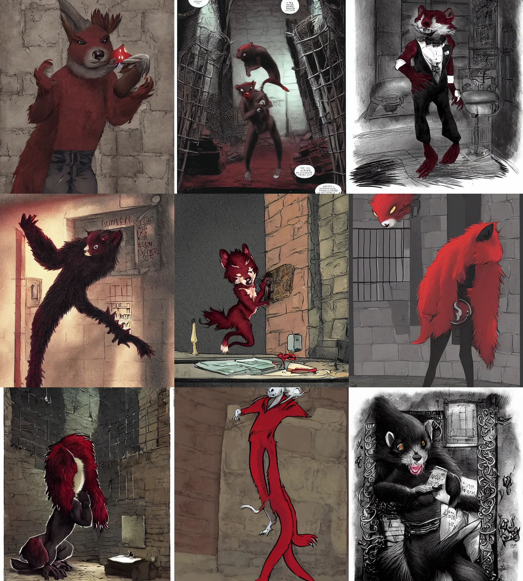 Image similar to vampire : the masquerade ( world of darkness ) source book illustration of an anthropomorphic red - black furry weasel - ferret - stoat fursona ( from the furry fandom ) in prisoner's regalia, in a prison cell, scratching at the walls