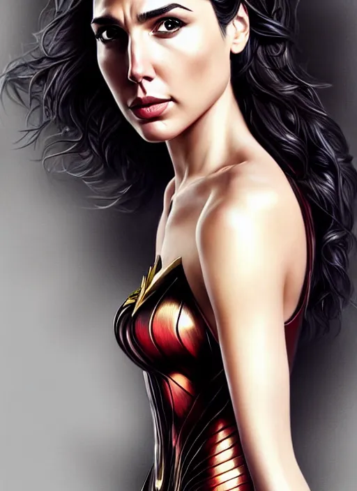 Image similar to full length photo of a gorgeous gal gadot in the style of stefan kostic, realistic, sharp focus, 8k high definition, insanely detailed, intricate, elegant, art by stanley lau and artgerm