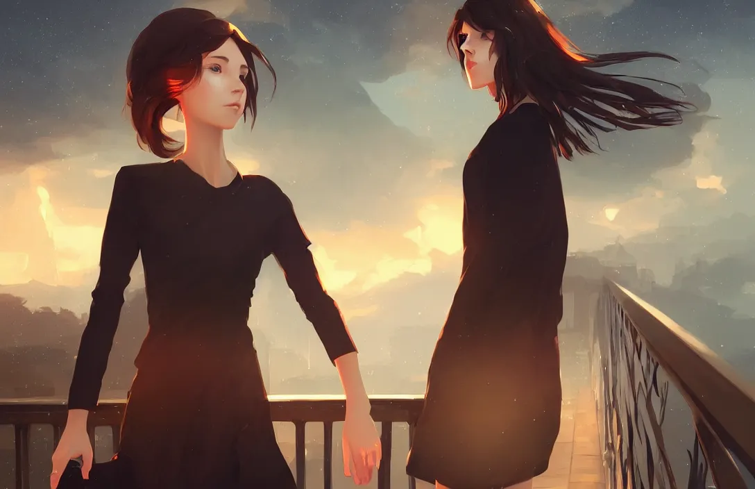 Image similar to a beautiful british woman with short brown hair, serious, somber amber eyes, standing on a bridge, storm in the distance, basic clothing, digital art by makoto shinkai ilya kuvshinov and wojtek fus, digital art, concept art,