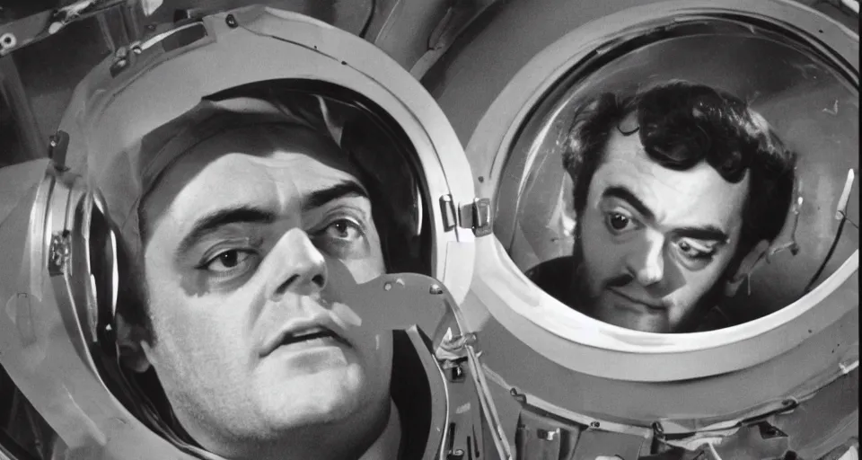 Image similar to a 1960s portrait photo of Stanley Kubrick on a movie set of the moon, 8K HD, old photo, highly detailed