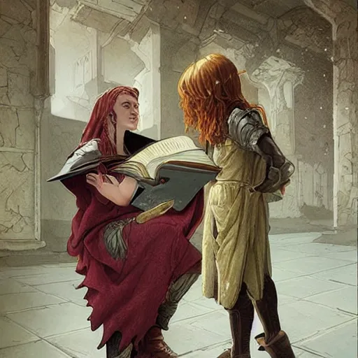 Image similar to an epic fantasy comic book style painting of a young red headed girl with a book in one arm meeting a young boy thief with blonde wearing plain brown leather thief clothes, d & d, fantasy, intricate, elegant, highly detailed, digital painting, artstation, concept art, matte, sharp focus, illustration, art by artgerm and greg rutkowski and alphonse mucha