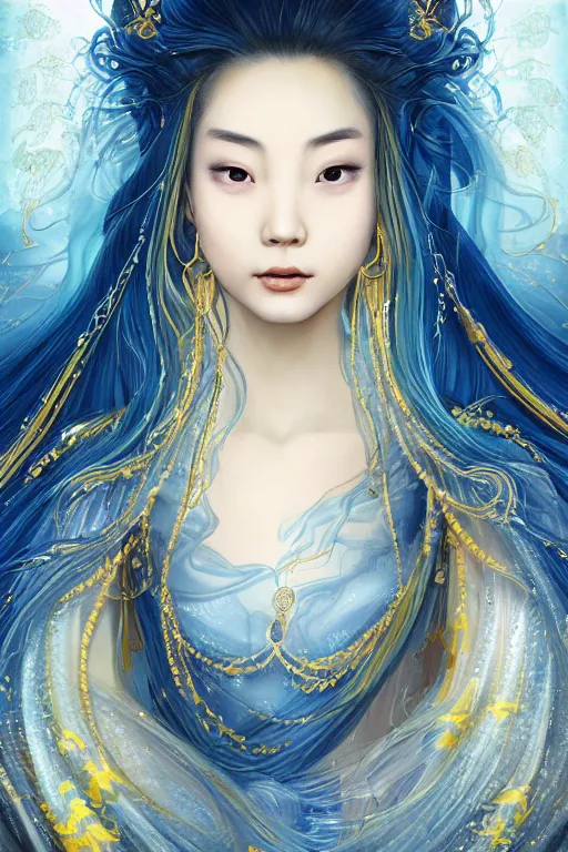 Prompt: a beautiful young Asian woman, Queen of the Sea Mu Yanling, long flowing white hair, blue and yellow robe that resembles floating wings, water flowing and floating around, young female face, liquid magic, cinematic top lighting, insanely detailed and intricate, face by wlop, Charlie Bowater, golden ratio, symmetrical proportions, elegant, ornate, luxury, elite, matte painting, MTG, magic the gathering, trending on artstation, cinematic, cgsociety, 8k, high resolution,