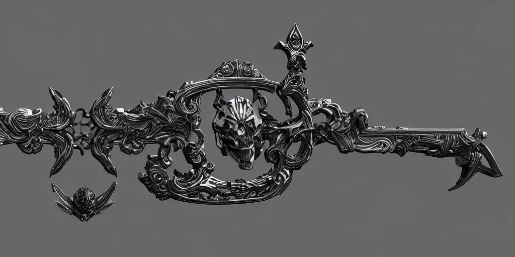 Image similar to a black and silver sword skull crest, orthographic, ornament, weapon, a 2 d render by dom qwek, front side, concept art, trending on polycount, artstation, hard surface modeling, rendered in maya, zbrush, hd, vray, blizzard, symmetry