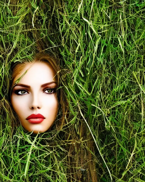 Prompt: gorgeous woman lies overgrown with grass and trees, style of antonio mello