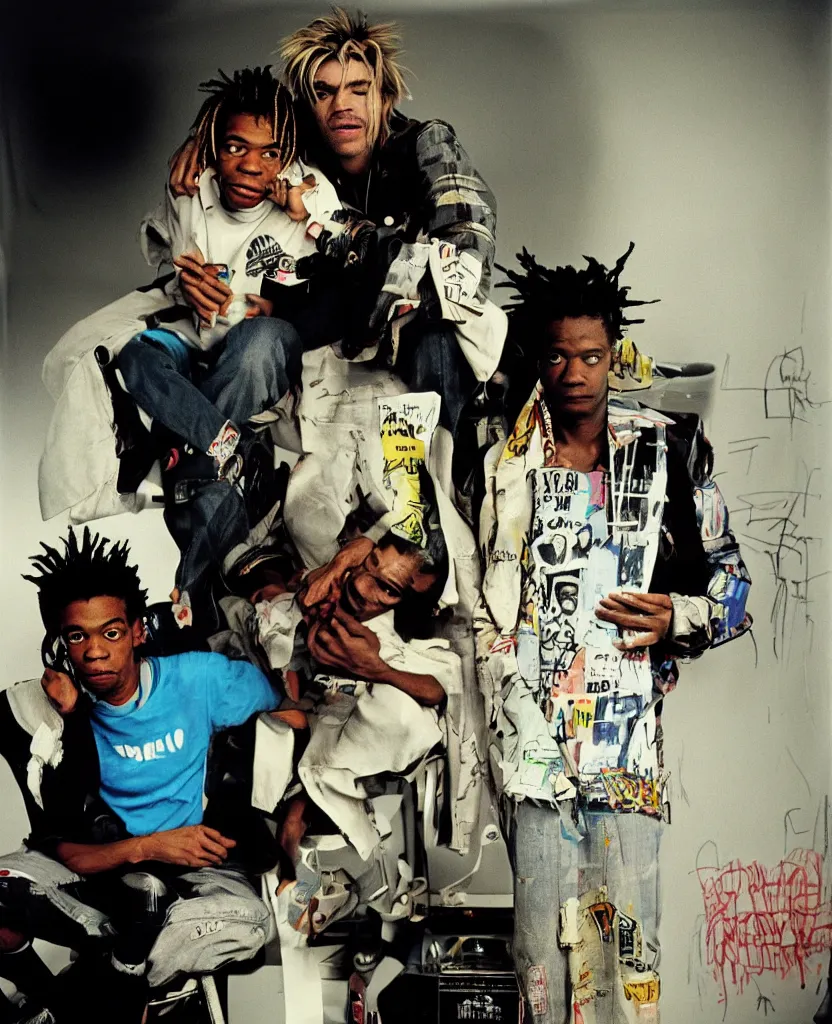 Image similar to basquiat with kurt cobain photographed by annie leibovitz in a hi end photo studio, color, photorealistic,