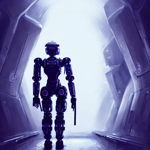 Prompt: ultra realist and ultra intricate detailed soft painting of an armored humanoid robot, walking down a futuristic hallway with a futuristic rifle, viewed from a corner, sensual gloomy style, volumetric clouds, artstation, unreal render, low angle