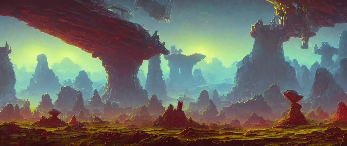 Image similar to fantastic landscape with alien artifacts, by Paul Lehr, highly detailed matte painting, artstation,