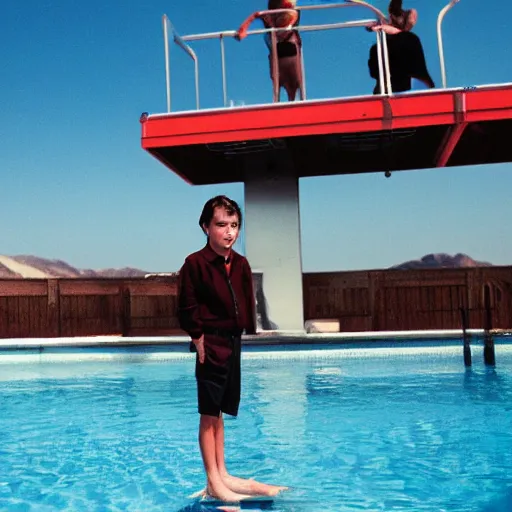 Prompt: young river phoenix standing on a diving board above a pool, red weapon 8 k s 3 5, cooke anamorphic / i lenses, highly detailed, cinematic lighting