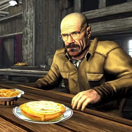 Prompt: in-game screenshot of walter white eating a hamburger in skyrim