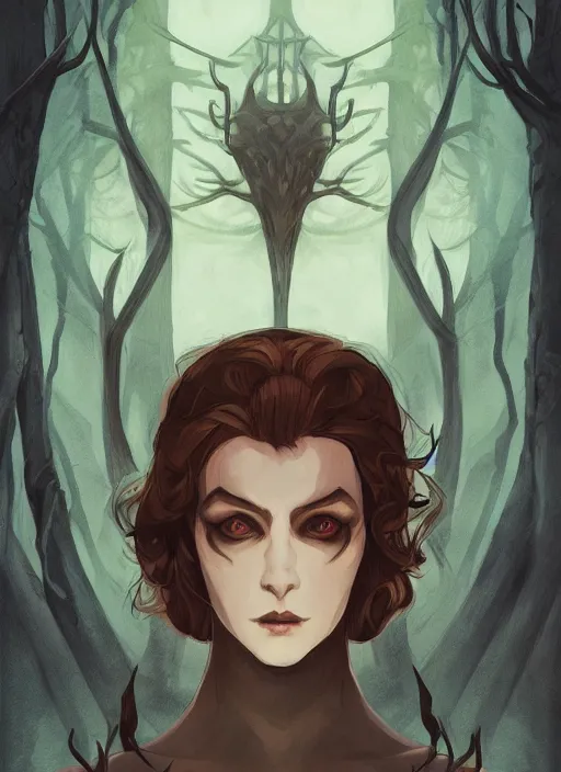 Prompt: in the style of joshua middleton, a necromancer, lovecraftian, symmetrical eyes, symmetrical face, forest, cinematic lighting, scary