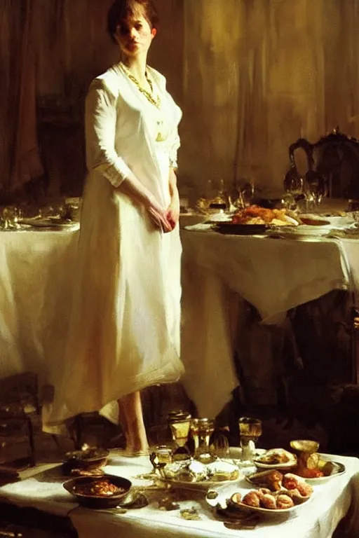 Image similar to portrait of a respectable dignified royal business elite politician standing on top of a finely set table calmly stepping in the food art by anders zorn, wonderful masterpiece by greg rutkowski, beautiful cinematic light, american romanticism by greg manchess, jessica rossier