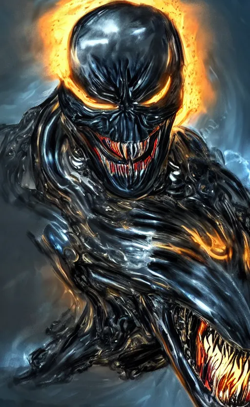 Image similar to venom as ghost rider on a motorcycle, dynamic lighting, photorealistic fantasy concept art, trending on art station, stunning visuals, terrifying, creative, cinematic