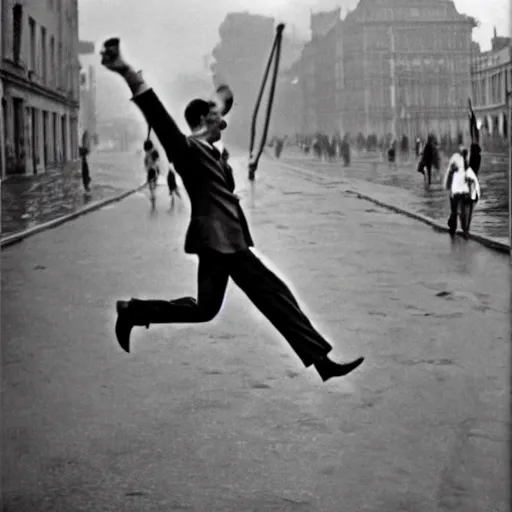 Image similar to the man leaping with umbrella, by henri cartier bresson,