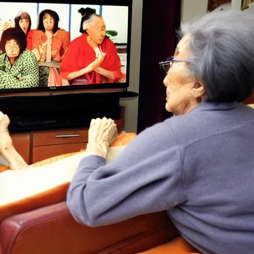 Prompt: grandmas watching sushi on the tv