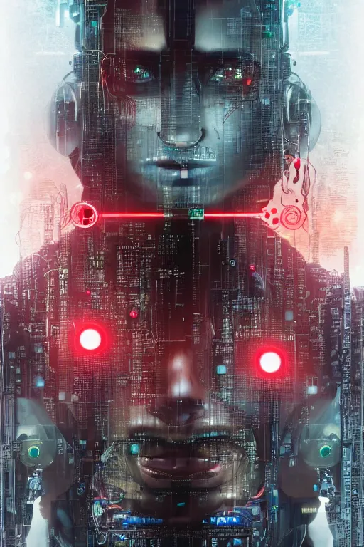 Image similar to head and shoulders render of man cyberpunk face ((single_glowing_red_eye red_emissives!)) android face mecha, inhuman creepy intimidating, exposed cable bundle. intricate wiring and black circuit board detailed. Tom Bagshaw and Greg Rutkowski and Alphonse Mucha Bladerunner 2049 artstation trending 165mm