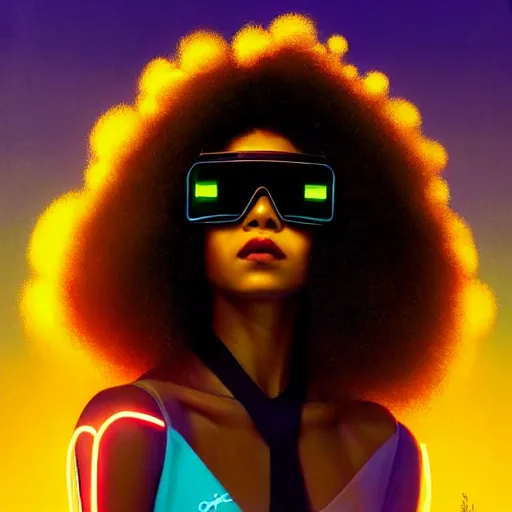 Prompt: zendaya wearing opaque reflective goggles profile picture by Greg Rutkowski, brown skin, very long afro hair, asymmetrical, futuristic, neon volumetric lights, cool colors, streetwear, studio ghibli, Organic Painting , Matte Painting, geometric shapes, hard edges, street art, trending on the artstation, fantasy LUT, realistic by Sachin Teng + Martin Grip + Moebius, techwear, Industrial Scifi, detailed illustration, character portrait,