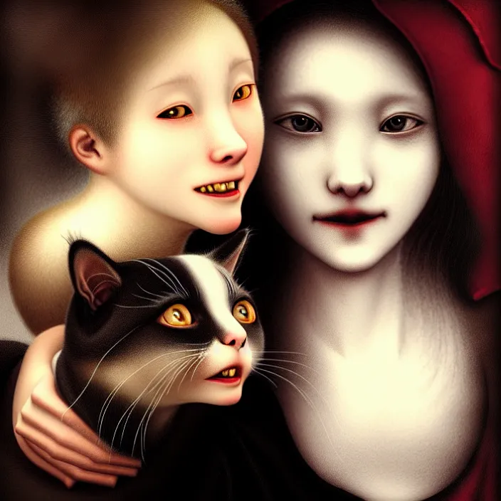 Prompt: renaissance portrait of the secretive vampire girl loner smiling at her cat, by yoshitaka amano, casey baugh, steve caldwell, gottfried helnwein, yasunari ikenaga, nico tanigawa, and artgerm rendered with 3 d effect.