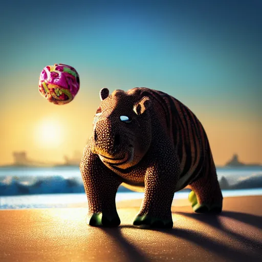 Image similar to a closeup photorealistic photograph of a cute smiling knitted tiger hippopotamus chasing a beachball at sunset. surf in the background. professional capture. this 4 k hd image is trending on artstation, featured on behance, well - rendered, extra crisp, features intricate detail, epic composition and the style of unreal engine.