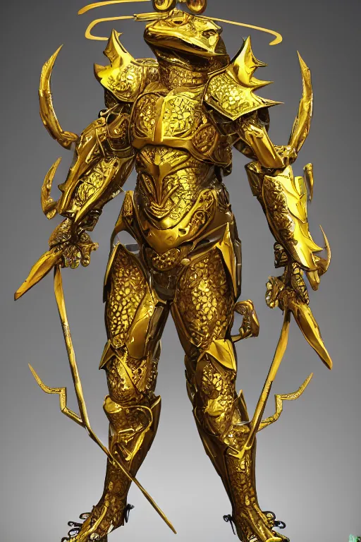 Image similar to a new golden armor zodiac Knight by tatsuya Yoshikawa artist Rendering the frog constellation armor . full of details, by utsurowazaru mono and jet set radio , Matte painting, trending on artstation and unreal engine