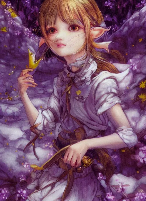 Image similar to little elf girl, santa claus suit, soft hair. light color palate, purple, yellow and white. detailed soft painting, ayami kojima, made in abyss, anatomically correct, ilya kuvshinov, inspired in balthus, high detailed face anime, vogue magazine, glorious composition, mobile wallpaper