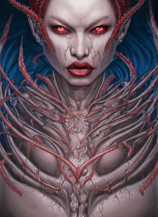 Image similar to a hyper detailed face portrait of the queen of blades, diablo 4 lilith, by yusuke murata, by hiroya oku, by dorian cleavenger, by tom bagshaw, by zdzisław beksinski, trending on artstation