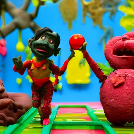 Prompt: a claymation film still of a toy from brazil / collection / ethnographic museum / claymation by jeff koons