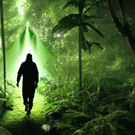 Prompt: a man wearing a hazmat suit, walking through a lush jungle, realistic octane render, ray traced, god rays, extremely high detail