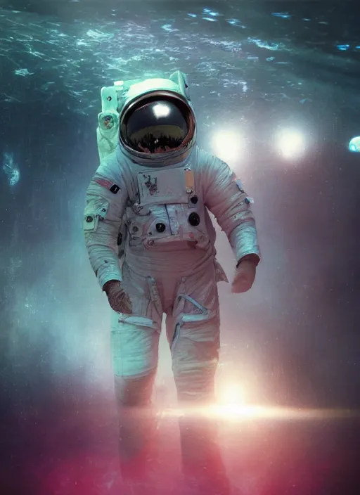 Prompt: complex poster by craig mullins astronaut in futuristic dark and empty spaceship underwater. infrared pink glowing lights. complex and hyperdetailed technical suit. reflection and dispersion materials. rays and dispersion of light. volumetric light. 5 0 mm, f / 3 2. noise film photo. flash photography. unreal engine 4, octane render. interstellar movie art