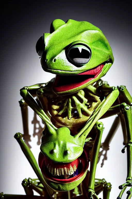 Image similar to movie poster of kermit the terminator, chromatic humanoid skeleton frog skeleton hybrid, robot, ultra realistic, cinematic lighting hd photography,