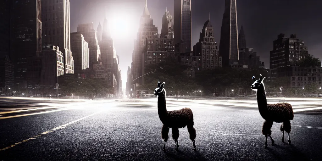 Image similar to a llama walking through a desolate manhattan city street at night, statue of liberty seen in the background, realistic 4 k octane beautifully detailed render, 4 k post - processing, highly detailed, detailed face, intricate complexity, epic composition, magical atmosphere, cinematic lighting, masterpiece, color picture, ultra hd