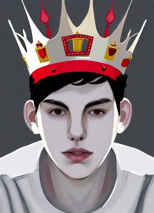 Image similar to portrait of teenage jughead jones wearing a light grey crown, photorealistic, crown, crown with badges on it, crown with red and white pin badge, eyes closed, crown, black hair, intricate, elegant, highly detailed, digital painting, artstation, concept art, smooth, sharp focus, illustration, art by wlop, mars ravelo and greg rutkowski