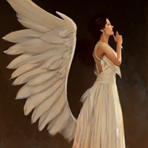 Image similar to Painting by Greg Rutkowski, an opera singer in a white dress with wings on stage