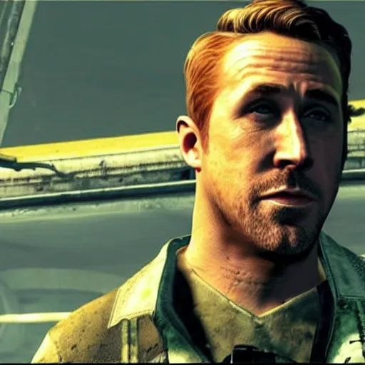 Image similar to ryan gosling in fallout 4 is wearing a raider costume