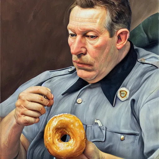 Image similar to high quality high detail painting by lucian freud, hd, portrait of a cop eating a donut, photorealistic lighting