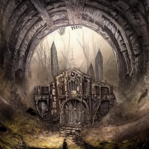 Prompt: abandoned ruined cave city, gothic art, color, detailed, eerie, emotional, sad, highly detailed, sharp focus, motherboard, Artstation, deviantart, artgem, insane detail, watercolor, golden ratio, in the style of Heavy Metal Comics